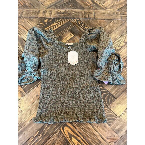 Ivy City Co. Tops - Ivy City Teagan Cottage Peasant Puff Sleeve Top Women Small Floral Dark Boho
